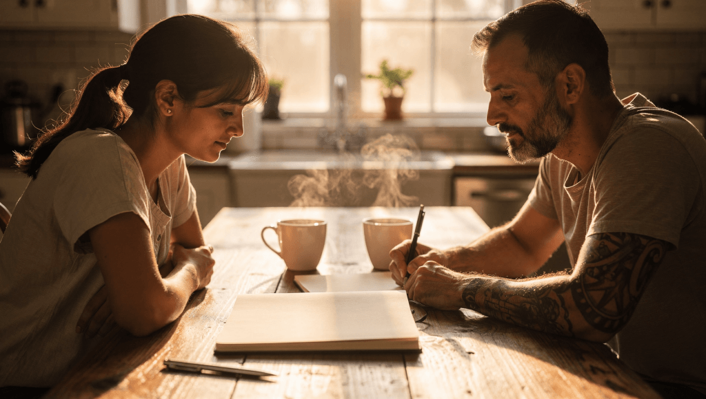 Open notebook and coffee cups ready for a couple to design new marriage habits after quitting old ones