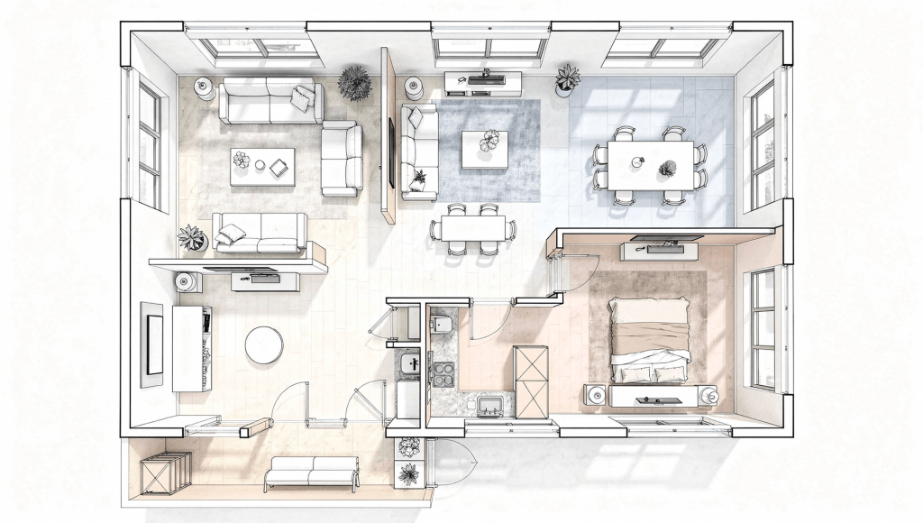 Simple home layout highlighting four key zones to focus on when designing a home that pulls you together instead of apart.