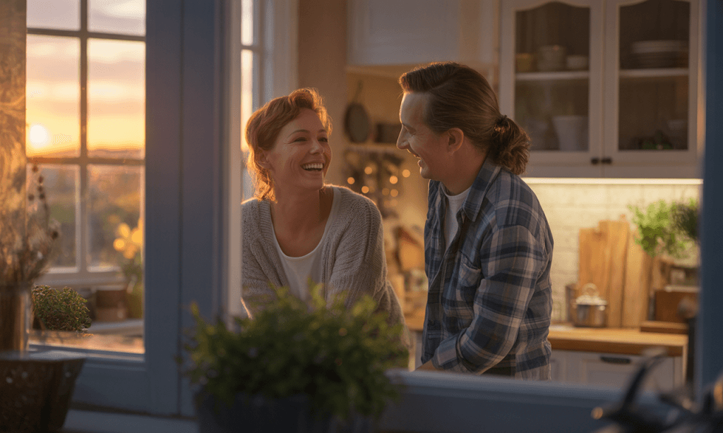 View through a window showing a couple laughing together in a small everyday moment, symbolizing how Trigger Stacking for Good makes intimacy part of normal life.