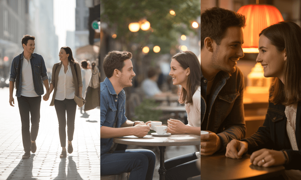 Collage of small moments showing a couple moving from we should to we did in their marriage.