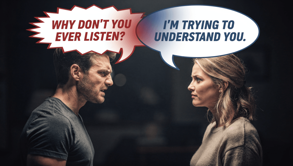 Visual of one spouse responding with a calm Silent Sermon of tone-setting instead of matching anger in marriage.