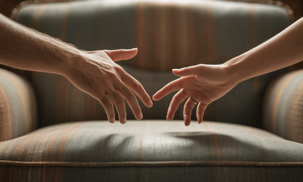 Silent Sermon of repair in marriage shown by a couple reaching for each other’s hands after conflict.