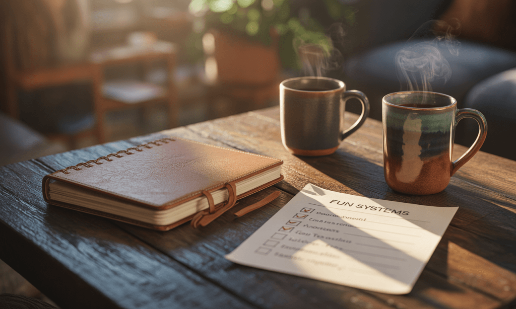 Married couple’s notebook with a planning for play checklist that makes fun feel easier instead of overwhelming.