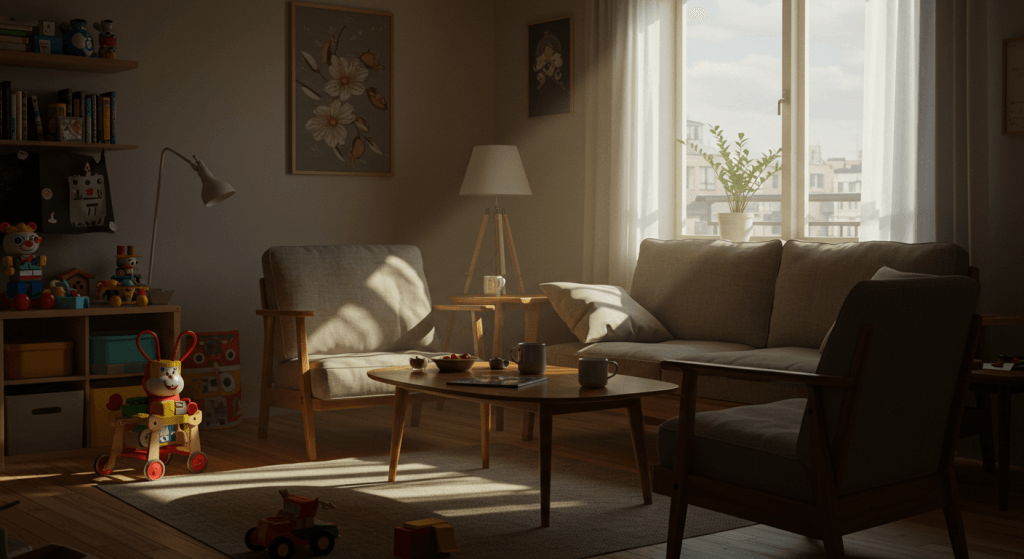 Realistic, lived-in home with kids’ items and simple, intentional connection zones showing that designing a home that pulls you together works even in messy, busy seasons.