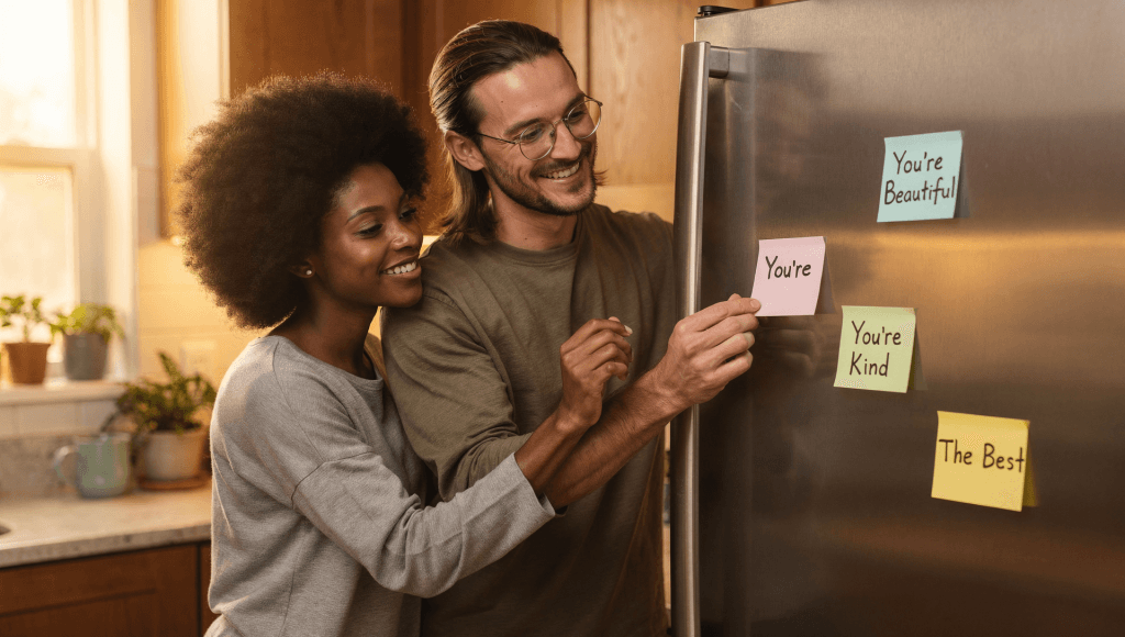 Married couple placing encouraging sticky notes for each other, strengthening affirmation at home when compliments get complicated elsewhere