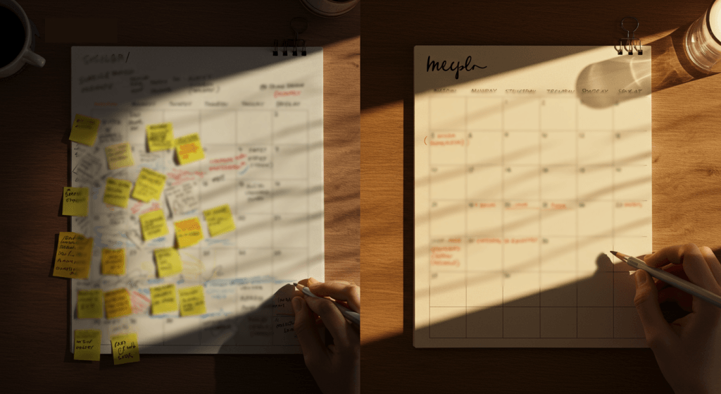 Side-by-side image of a cluttered calendar next to a simple weekly planner with connection time highlighted, representing what you quit and what you build in your rhythms