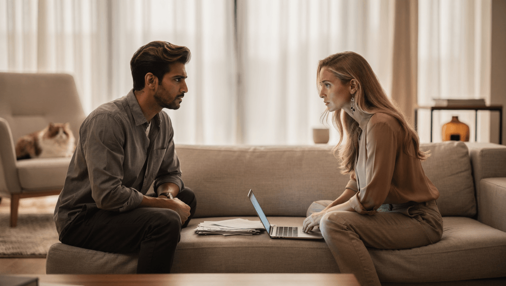 Couple sitting apart on a couch surrounded by paperwork, symbolizing how tasks can overshadow Friendship First in marriage