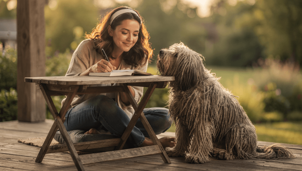 Spouse journaling alone on a porch during a timeout, using the break to slow the conversation down and regulate emotions