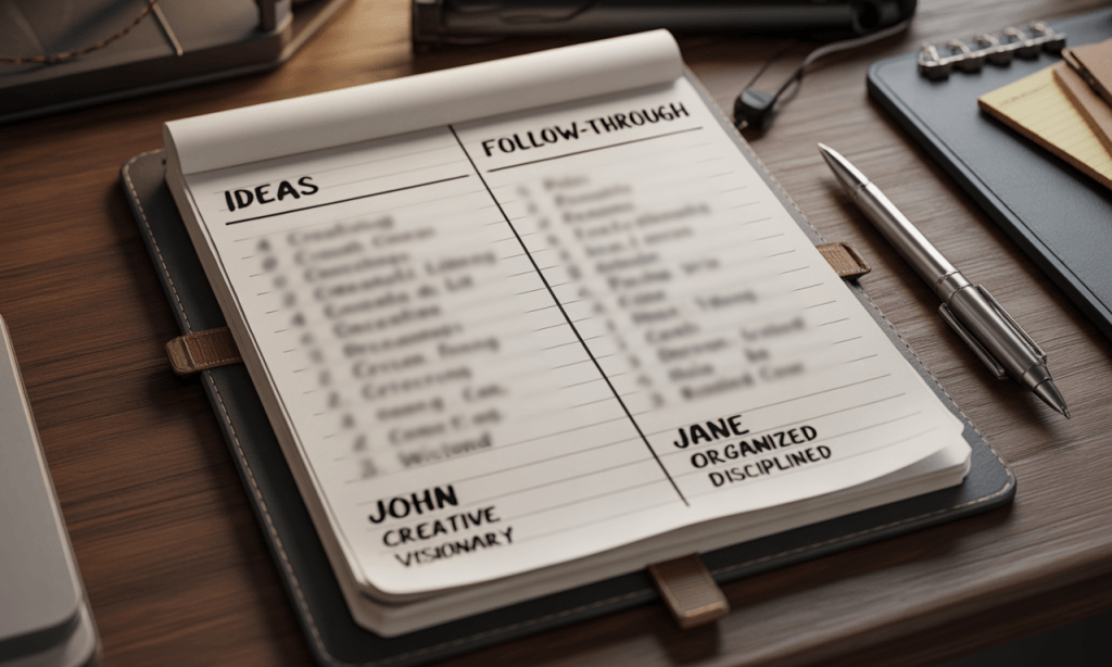 Notepad listing each spouse’s strengths in ideas and follow-through as part of pulling the slack in marriage.
