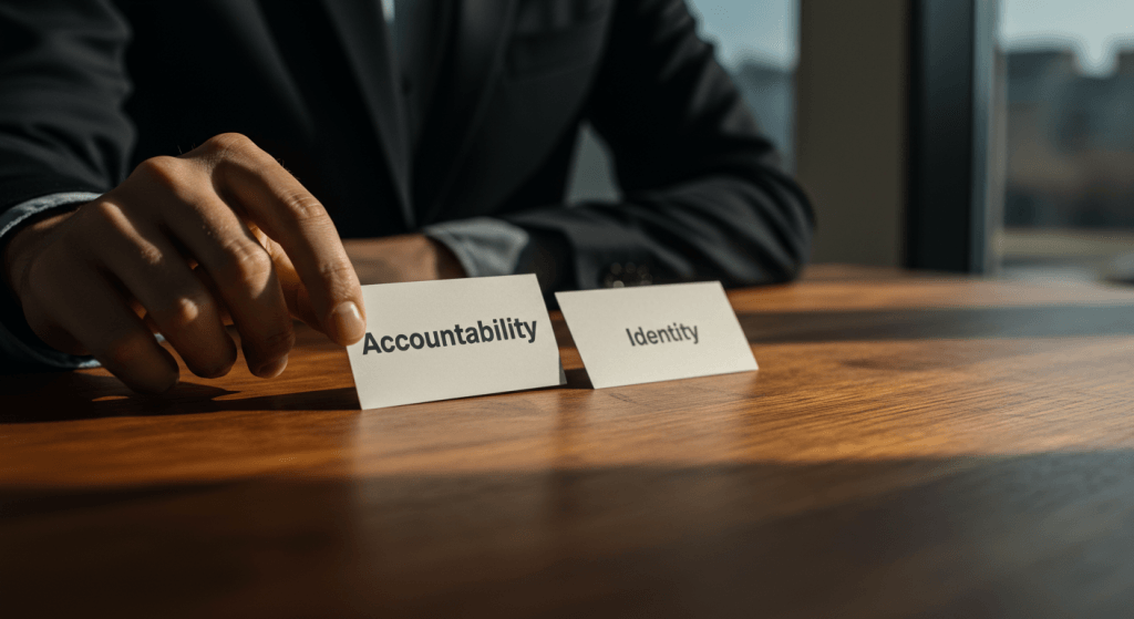 Cards labeled accountability and identity placed apart, showing how forgiveness separates responsibility from self-worth