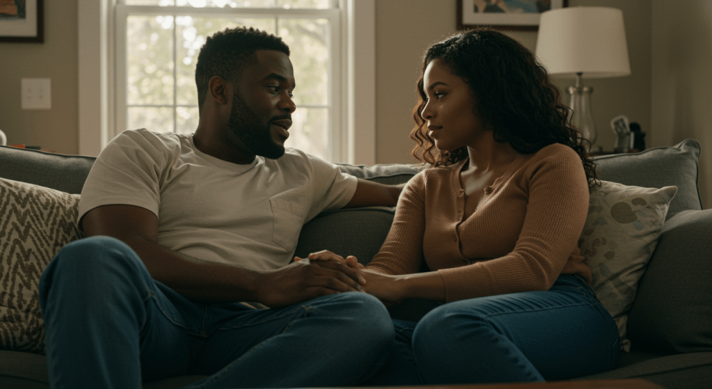 Lighthouse Spouse showing open body language-turned toward their partner, attentive and calm-as a nonverbal signal of safety and presence.