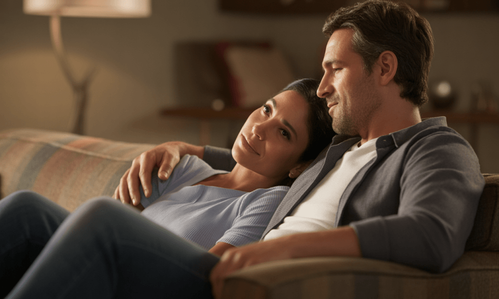Husband and wife quietly reconnecting on a couch after conflict, symbolizing how When You Slip Back can become a reset moment, not a death sentence.