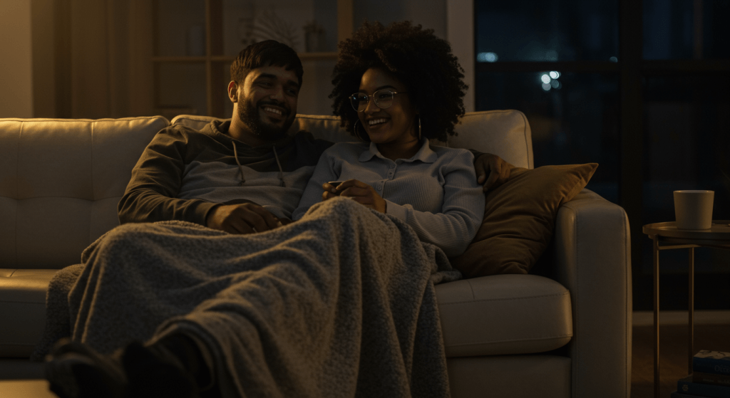 Couple sitting on a couch talking before turning on the TV, broadening the good in their evening rhythm