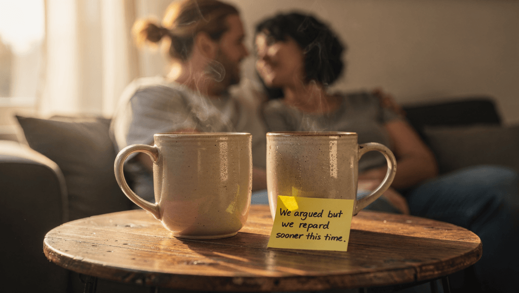 Two coffee mugs and a note capturing a small marriage improvement, representing Celebrating Micro-Wins in everyday moments.