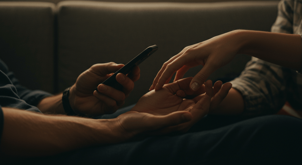 Hand gently interrupting a scrolling moment, inviting a shift from scroll to soul talk in a kind, non-demanding way.