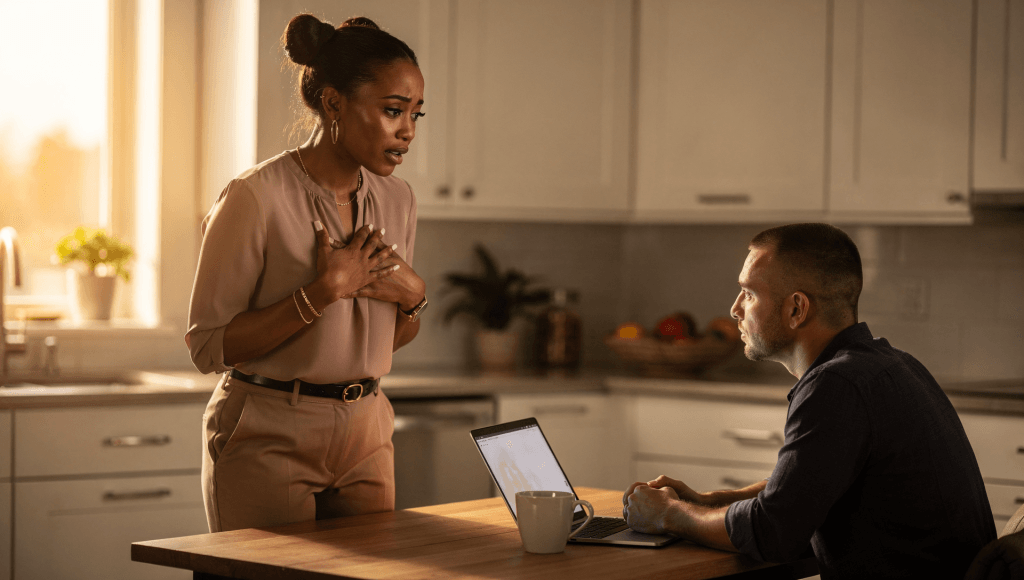 Cautious spouse vulnerably sharing their fears instead of vetoing everything when terrified of trying new things in marriage.