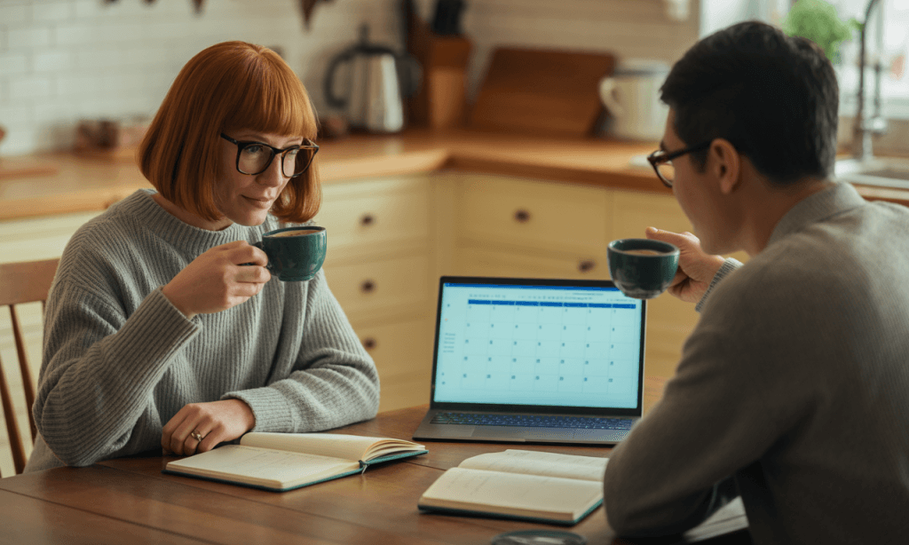 Married couple turning their big dreams into a simple marriage plan at the kitchen table.