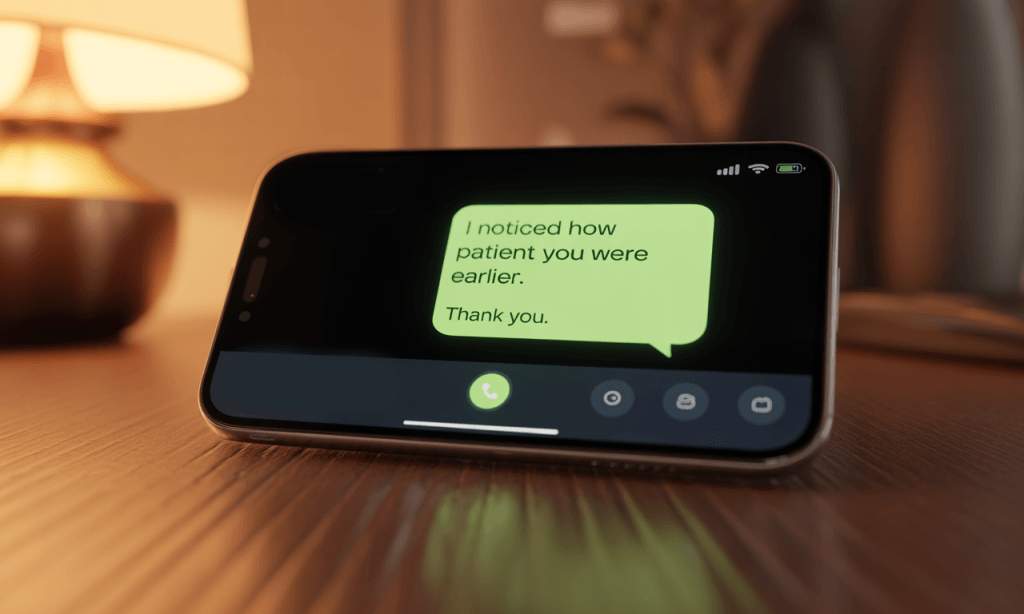 Phone screen with a text saying “I noticed how patient you were earlier. Thank you,” representing a simple way to Celebrate the Quit