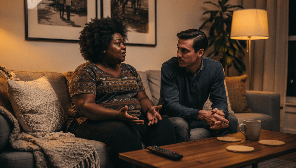 Couple having a calm, respectful feedback conversation, illustrating how timing and tone help move From Nagging to Nudging.