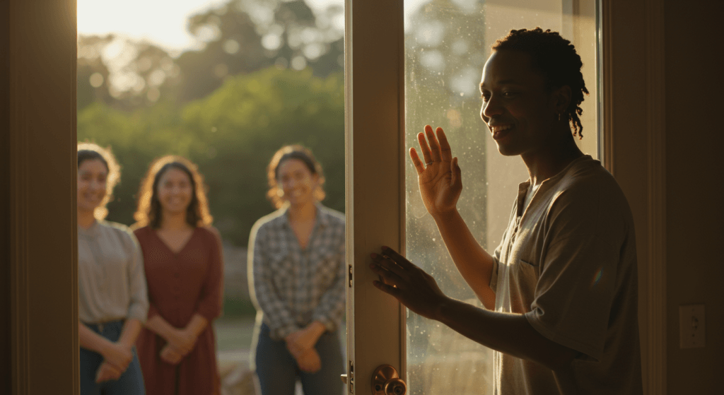 Person smiling and closing a door behind them, showing that boundaries aren’t rude but help protect their home and marriage