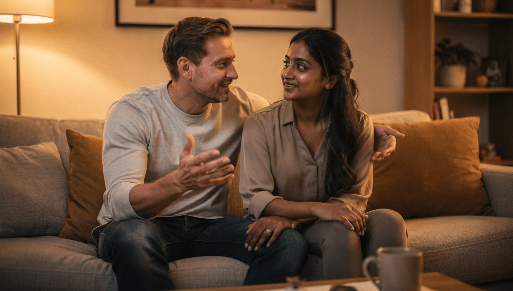 Couple talking openly on a couch, sharing how childhood stories affect their expectations in marriage