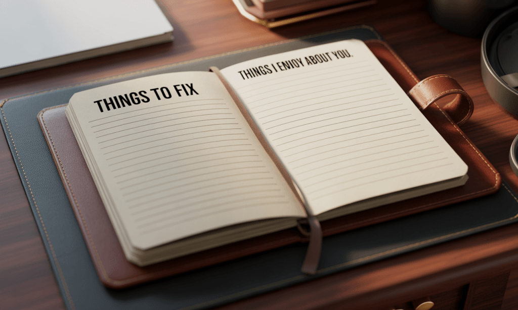 Notebook showing lists of things to fix versus things to enjoy, illustrating the shift from Friendship First to project thinking