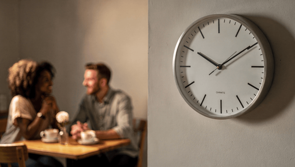 Clock in focus with a couple talking behind it, highlighting that marriage power lives in the present tense