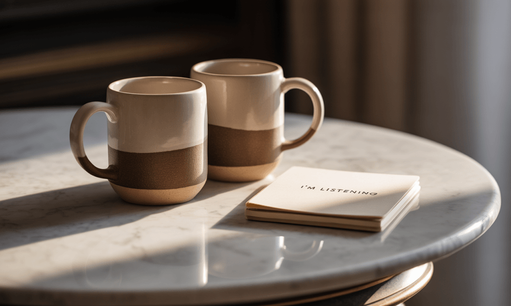 Coffee mugs and notepad with the words “I’m listening,” symbolizing the choice to quit interrupting and listen fully
