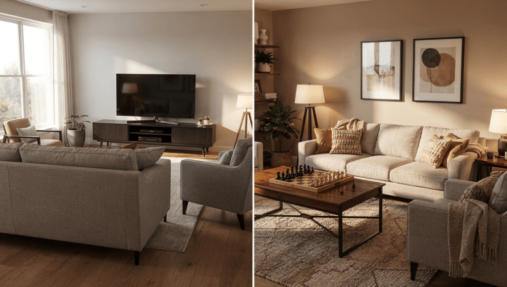 Living room transformation showing how simple layout changes can help in designing a home that pulls you together for conversation instead of apart toward screens.