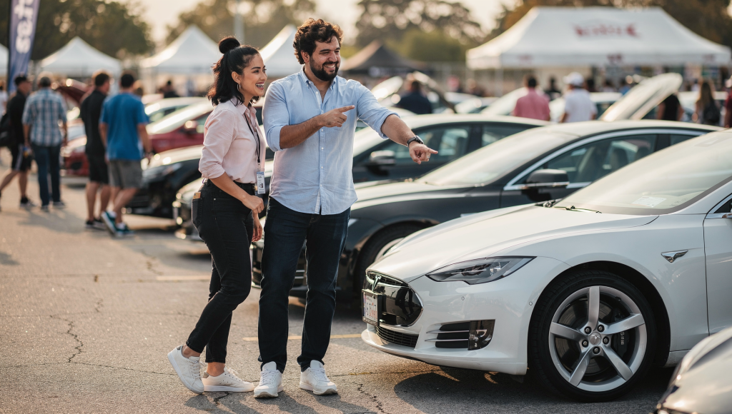 Married couple enjoying a classic car show together, bonding through shared interests