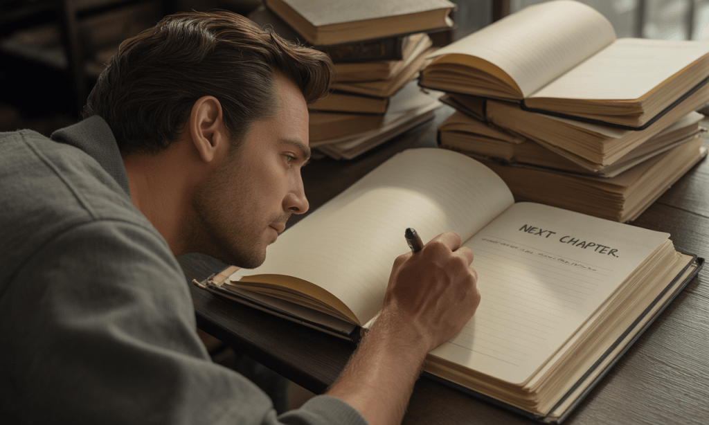Person signing their name at the bottom of a page titled Next Chapter, symbolizing taking back the pen of their marriage story