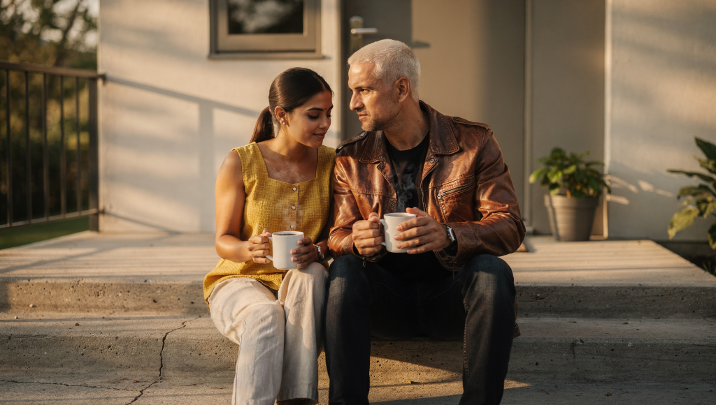 Married couple relaxing together on their front porch, representing a marriage that feels like home