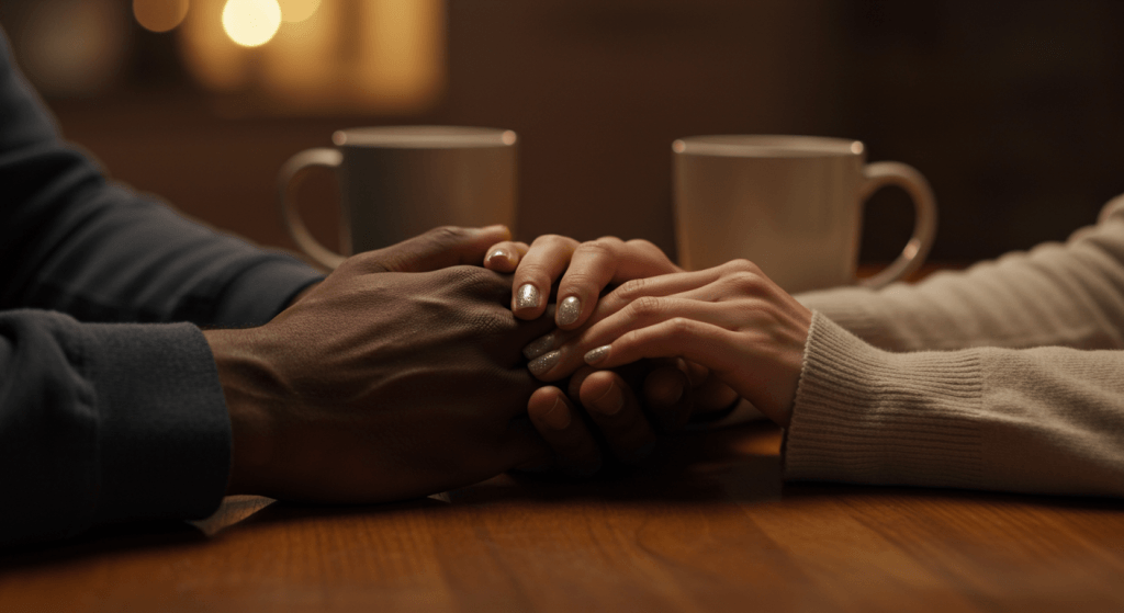 Two hands intertwined on a table beside coffee mugs, representing everyday connection in a marriage lived in the present tense