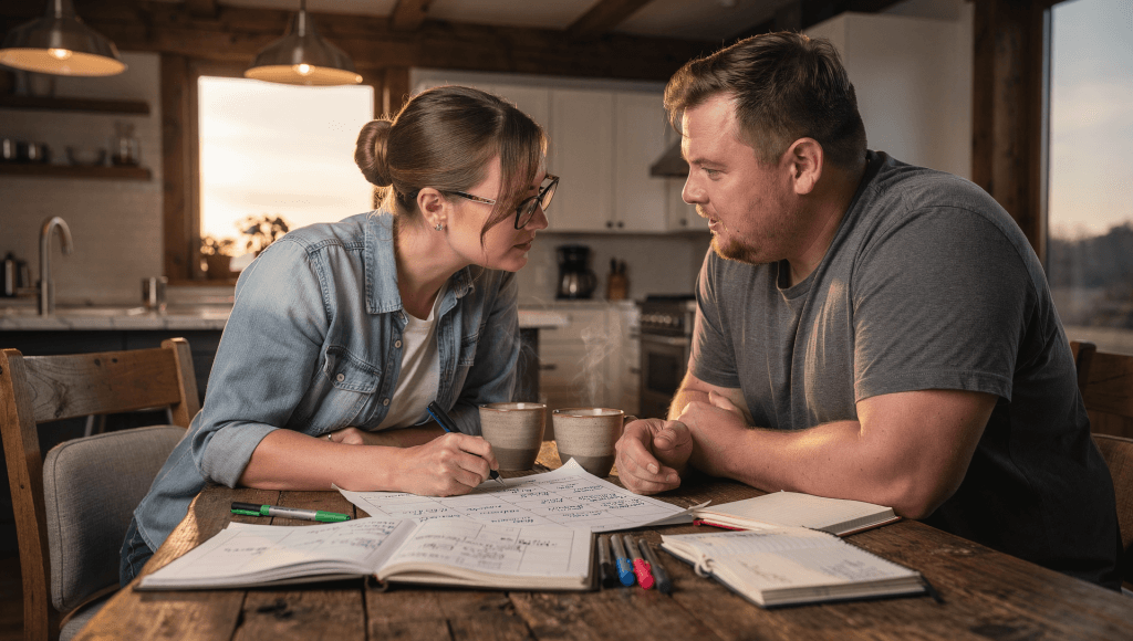 Married couple planning together at the table, choosing connection by design instead of drifting apart