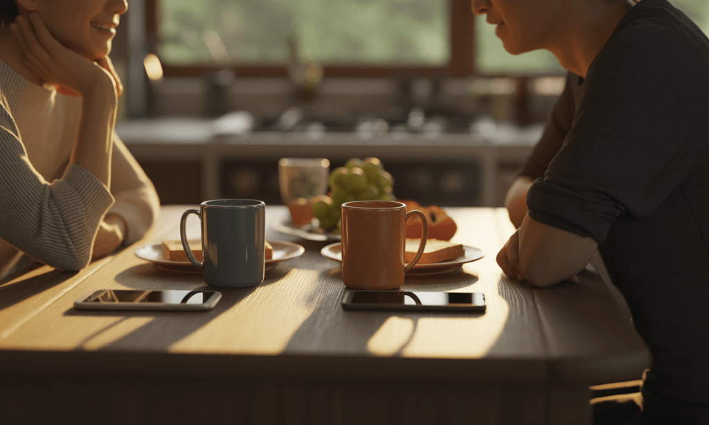 Married couple talking over breakfast with phones set aside, practicing small rhythms that strengthen their marriage