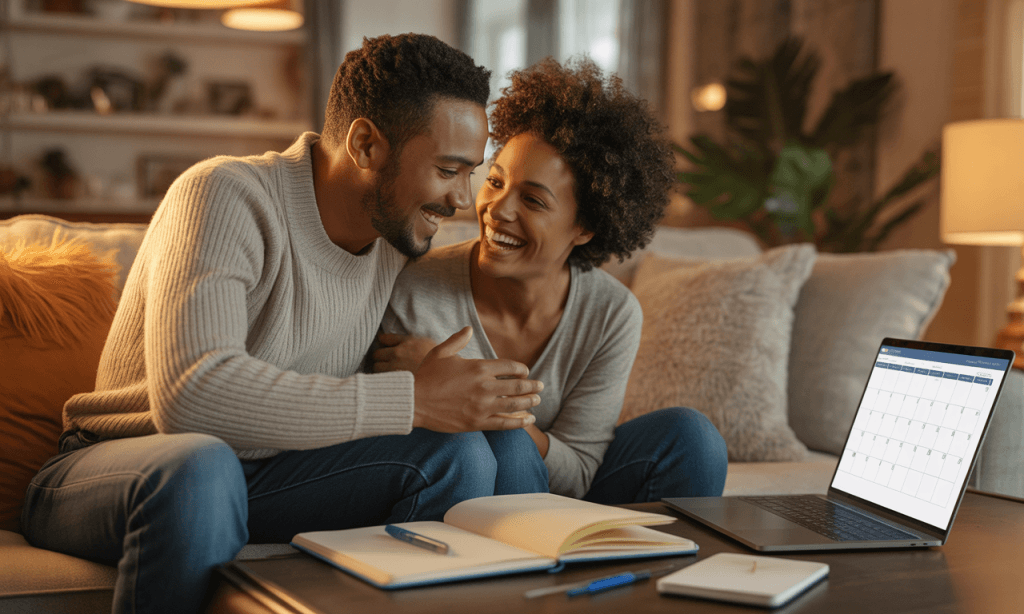 Couple on the couch turning their best marriage ideas into a simple plan together.