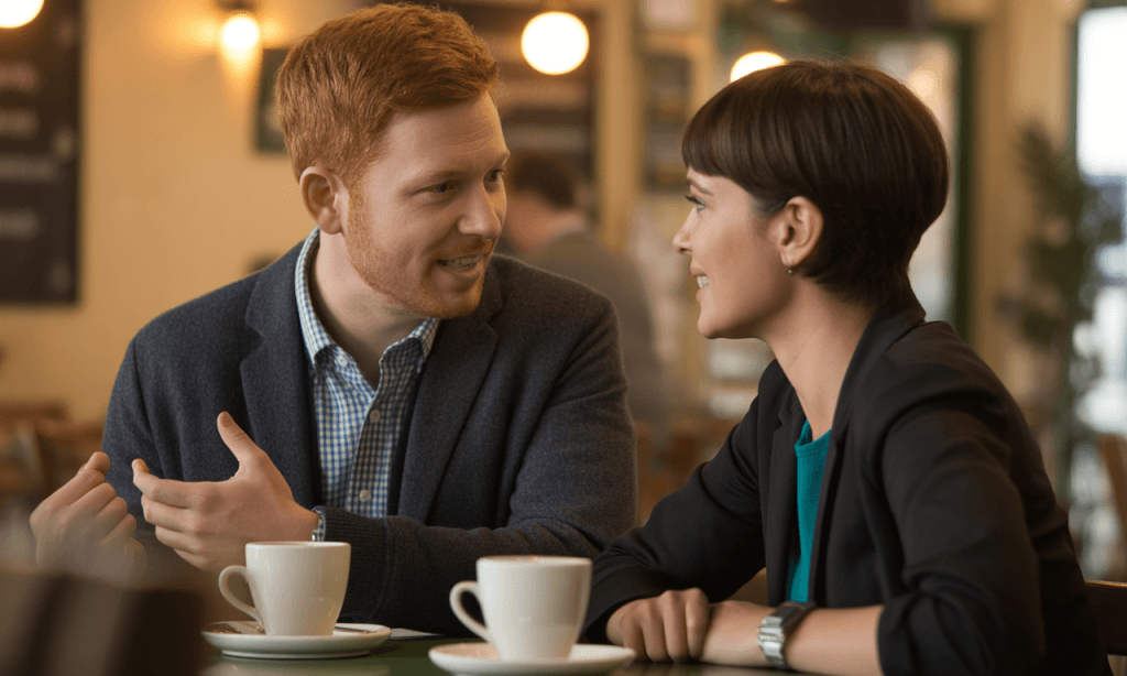 Wife talking while husband leans in and listens without interrupting, illustrating the small swap from interrupting to clarifying questions