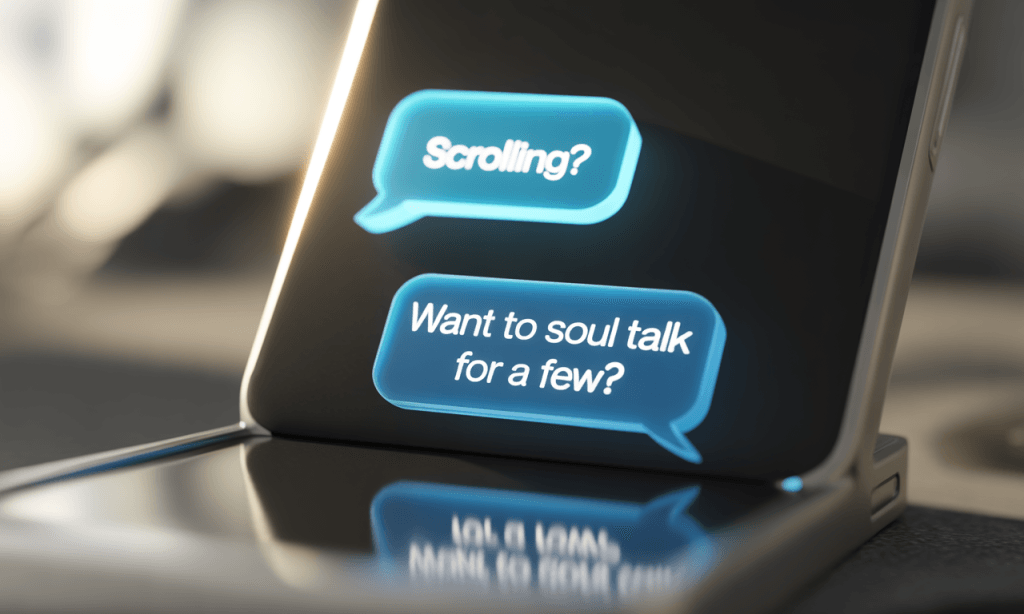 Playful text bubble illustration showing a simple, inviting pivot from scroll to soul talk between spouses.