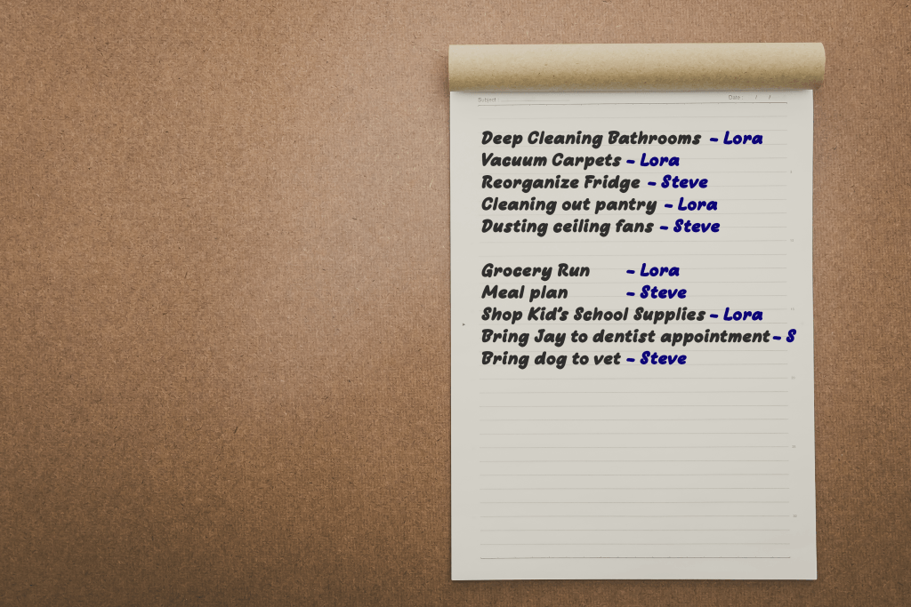 Shared task list breaking a marriage goal into simple actions for each spouse.