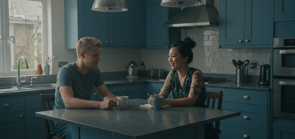 Couple planning together at a kitchen table, treating connection as a present-tense goal in their marriage