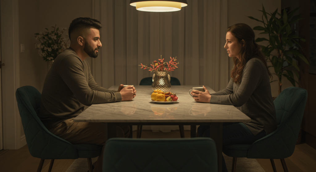 Married couple talking calmly over tea, illustrating how to slow the conversation down during hard talks