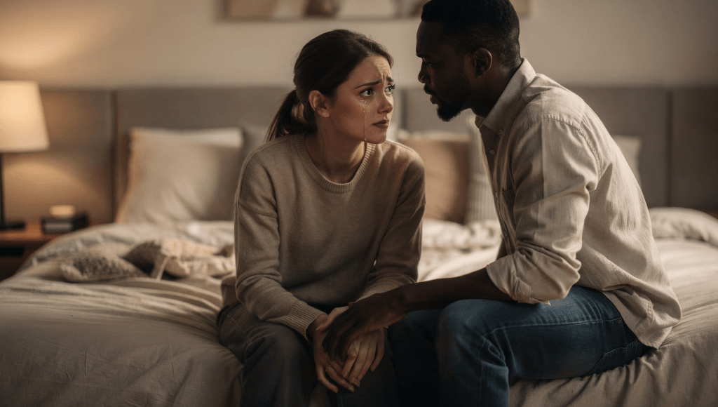 Spouse sharing vulnerable feelings instead of criticizing, demonstrating a key shift From Nagging to Nudging.