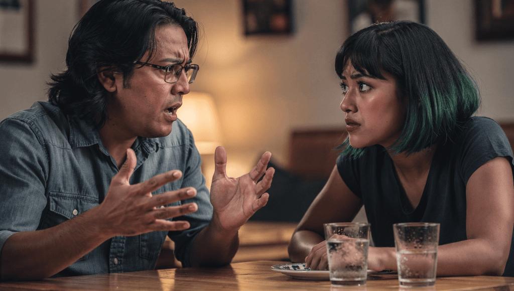 Couple mid-argument with overlapping body language, showing how anxiety and control can lead to talking over each other