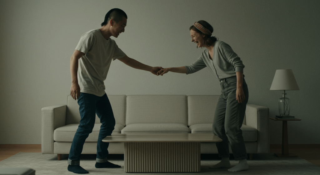 Husband and wife laughing while learning a new dance, showing a gentle stretch into one new adventure together.