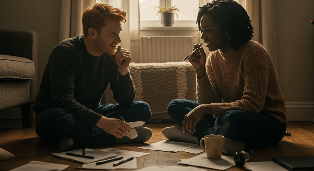Married couple sitting on the floor doing an honest inventory of their connection by design