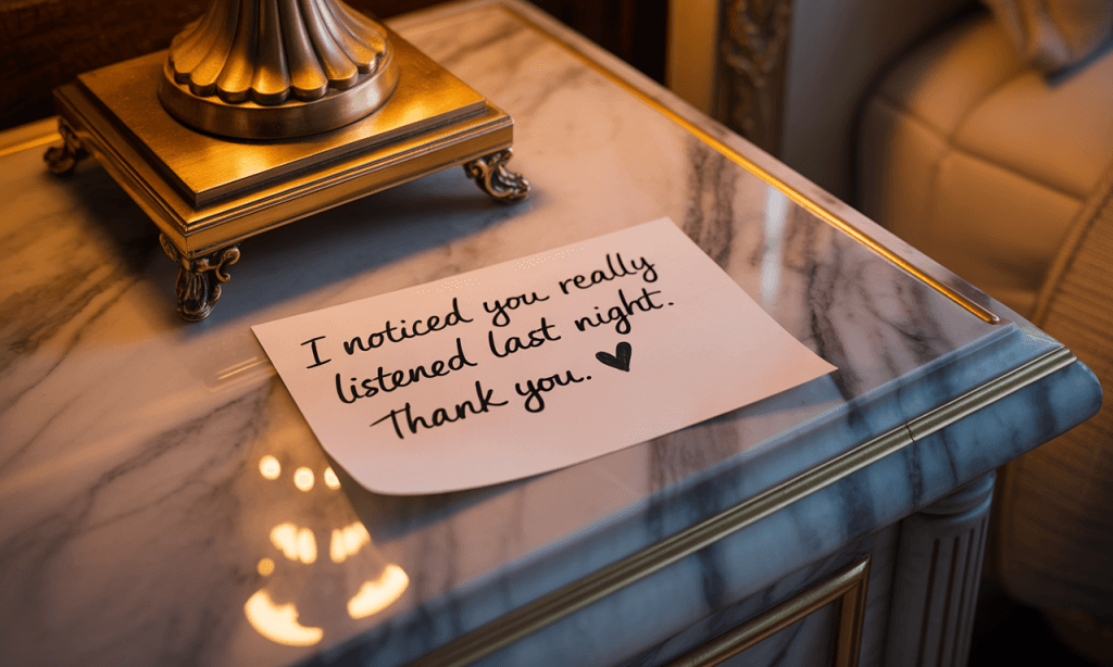 Handwritten appreciation note acknowledging a spouse’s effort, showing how affirming small changes nudges more growth.