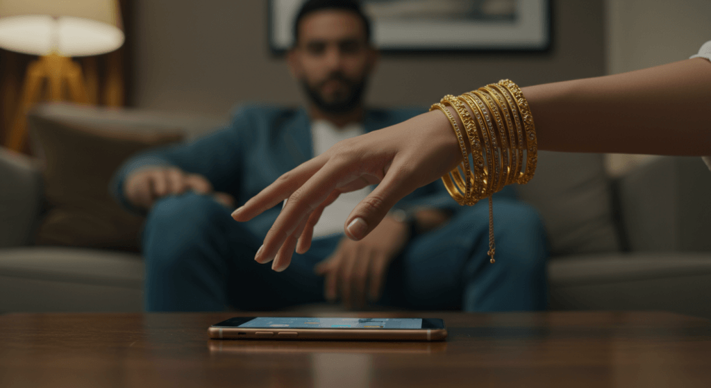 Hand reaching toward a phone while a spouse sits nearby, representing the micro-choice between distraction and connection in marriage