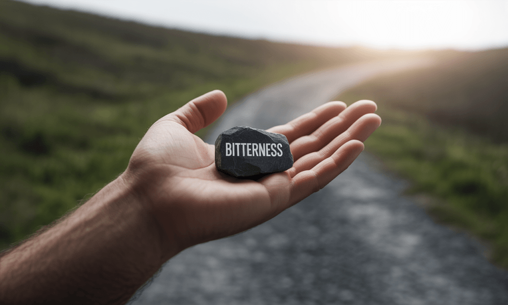 Hand dropping a small stone labeled bitterness on a path, representing forgiveness as releasing what weighs you down