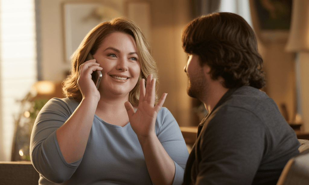 Person ending a phone call and turning toward their spouse, choosing better boundaries with extended family