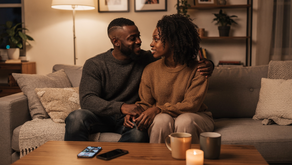 Couple engaged in a focused conversation on the couch, representing full presence in marriage